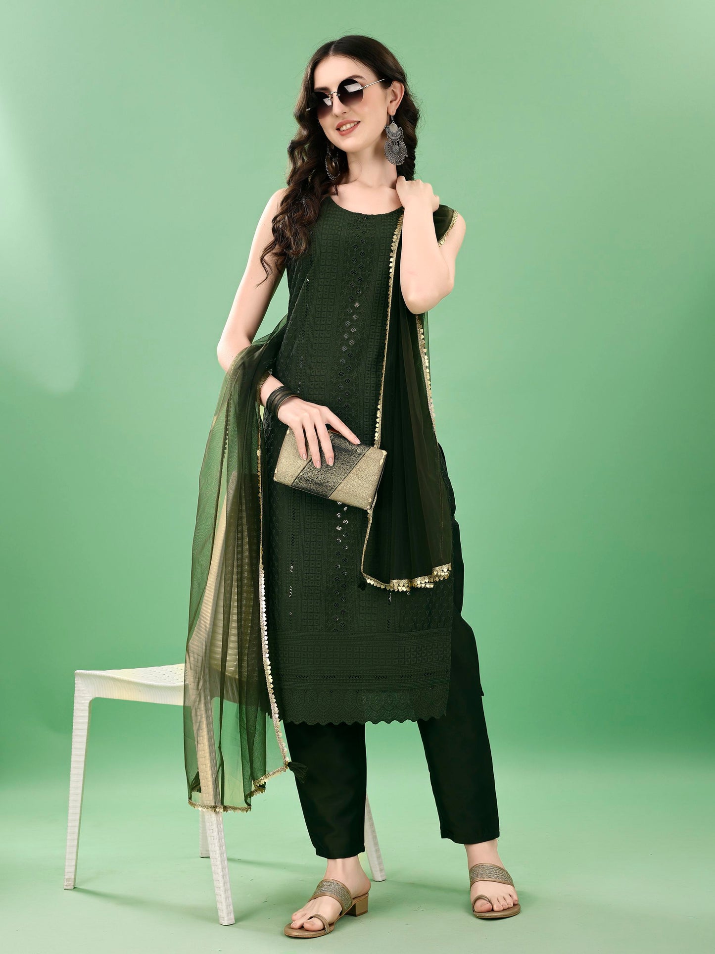 Women's  Embroidered Silk Blend Kurta Pyjama & Dupatta Set