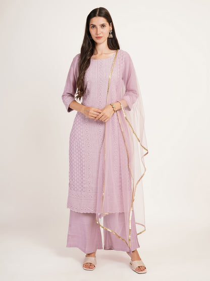 Women's  Embroidered Silk Blend Kurta and Palazzo Set