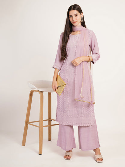 Women's  Embroidered Silk Blend Kurta and Palazzo Set
