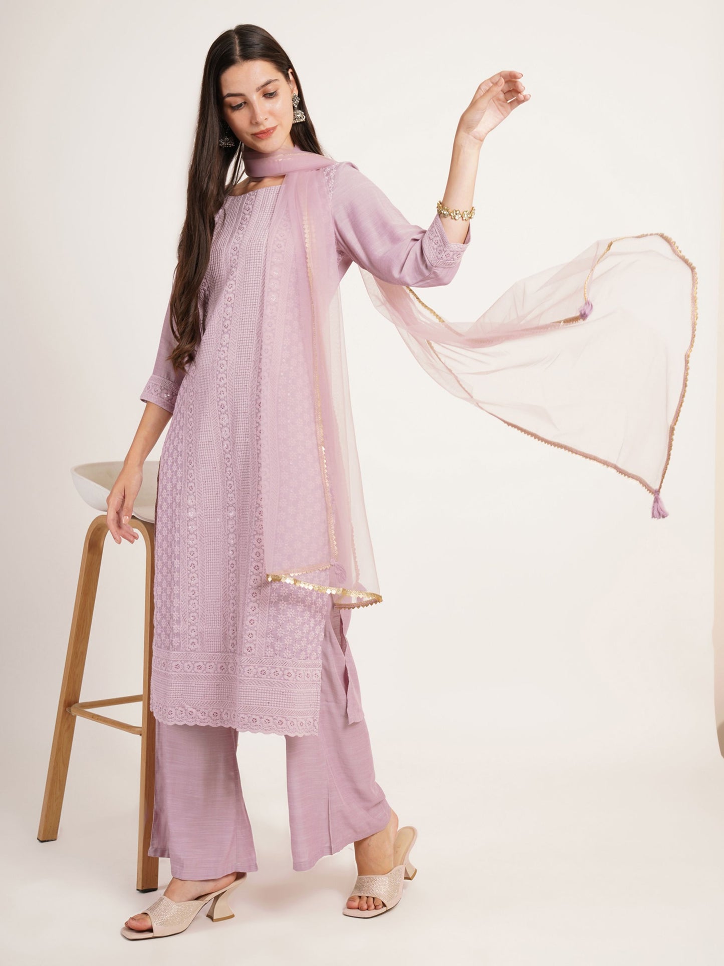 Women's  Embroidered Silk Blend Kurta and Palazzo Set