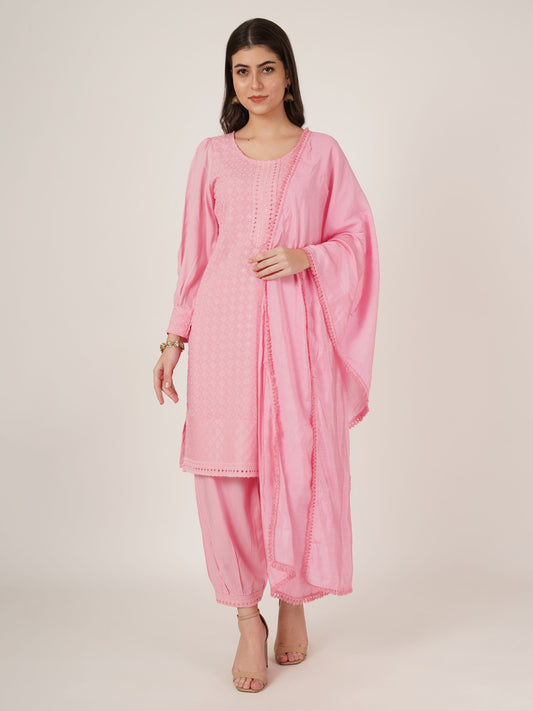 Women's  Embroidered Rayon Kurta Pyjama & Dupatta Set