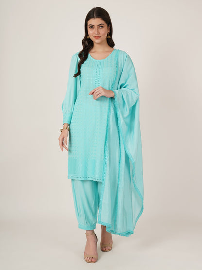 Women's Embroidered Rayon Kurta Pyjama & Dupatta Set