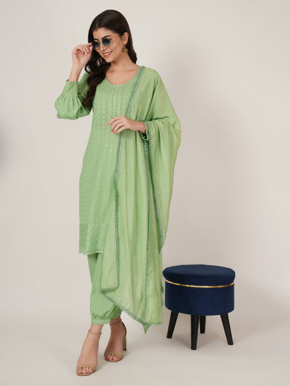 Women's  Embroidered Rayon Kurta Pyjama & Dupatta Set