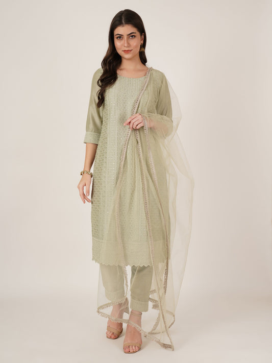 Women's Embroidered Silk Blend  Kurta Pyjama & Dupatta Set