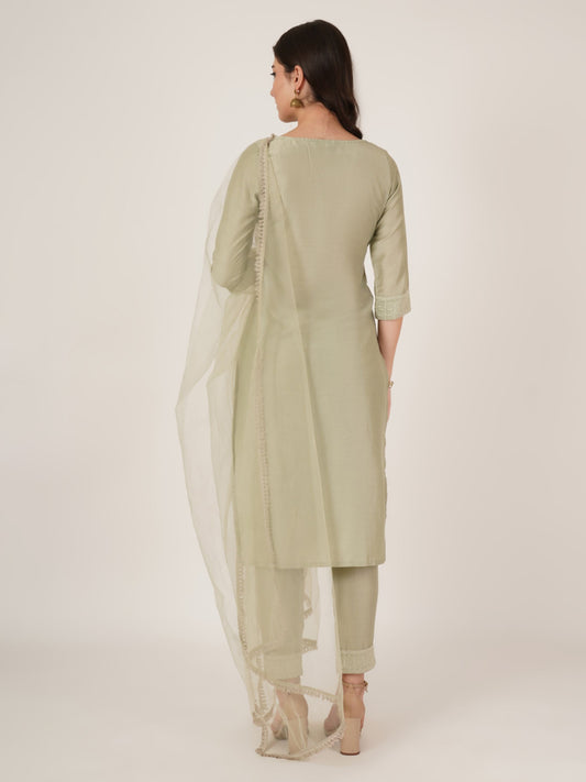Women's Embroidered Silk Blend  Kurta Pyjama & Dupatta Set