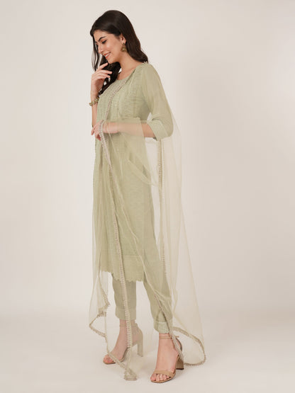 Women's Embroidered Silk Blend  Kurta Pyjama & Dupatta Set