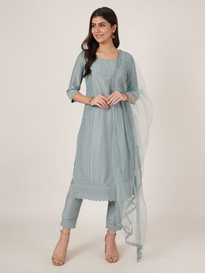 Women's  Embroidered Silk Blend  Kurta Pyjama & Dupatta Set