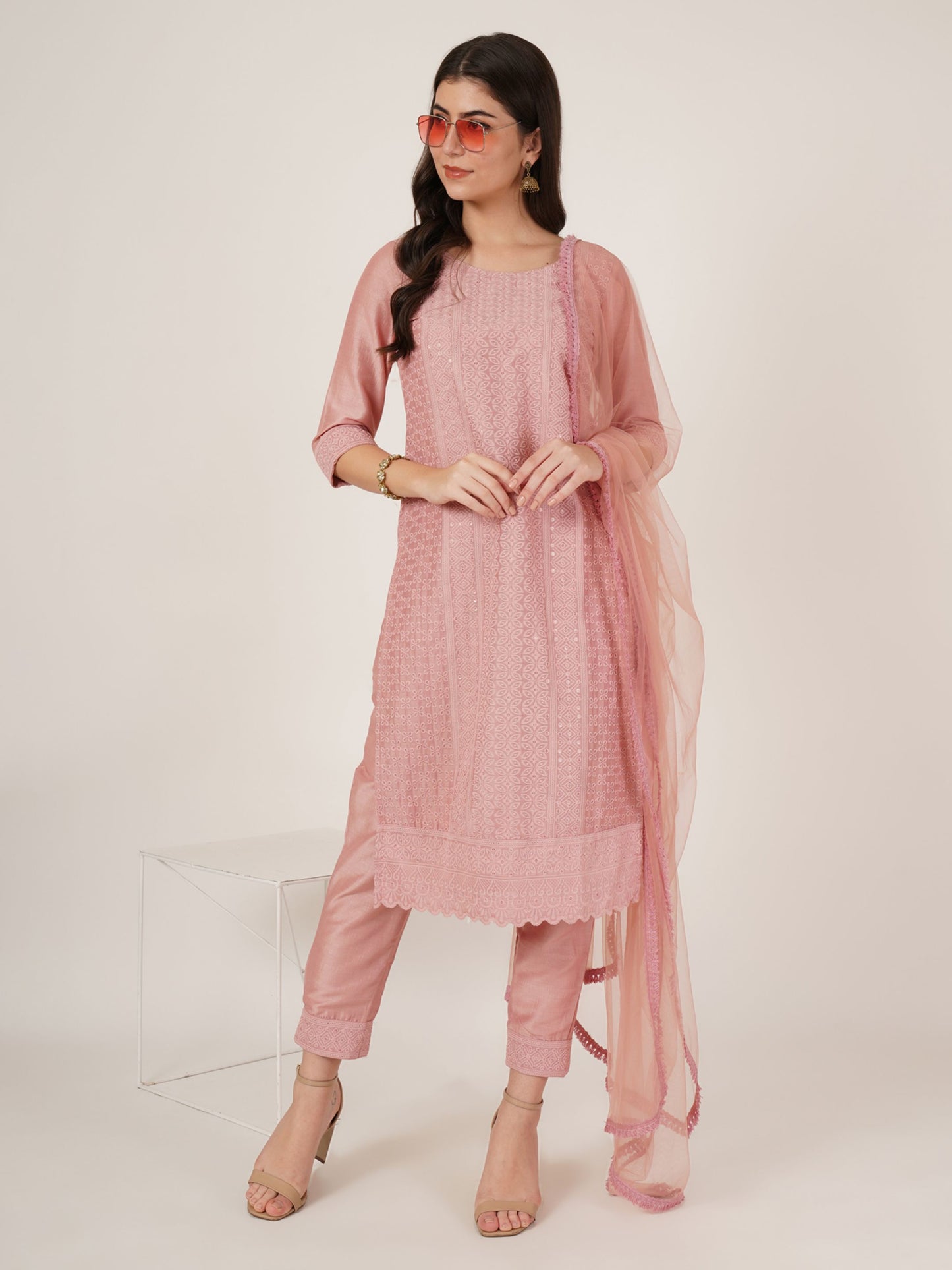Women's  Embroidered Silk Blend  Kurta Pyjama & Dupatta Set