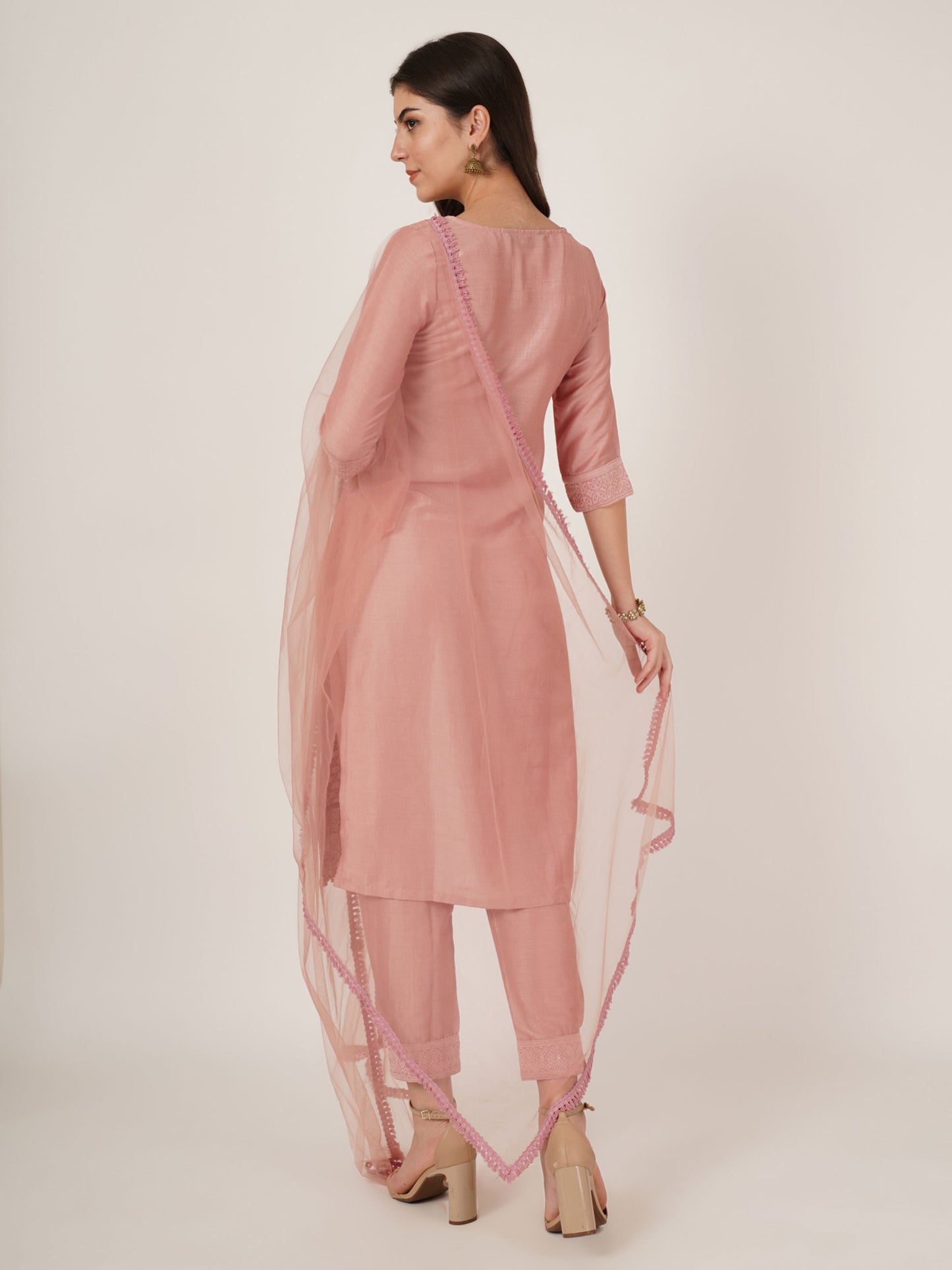 Women's  Embroidered Silk Blend  Kurta Pyjama & Dupatta Set