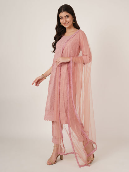 Women's  Embroidered Silk Blend  Kurta Pyjama & Dupatta Set