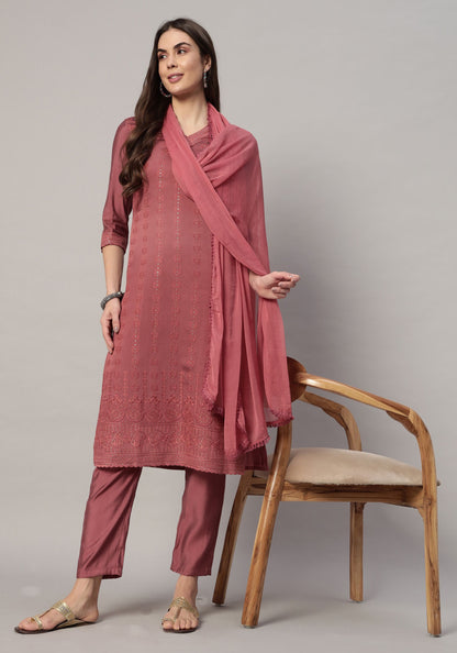 Women's Embroidered Silk Blend  Kurta Pyjama & Dupatta Set
