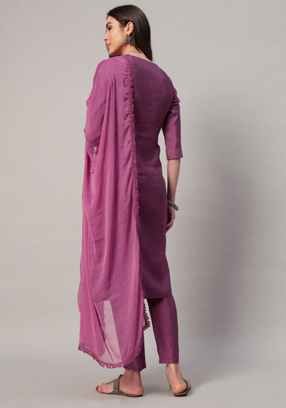 Women's Embroidered Silk Blend  Kurta Pyjama & Dupatta Set