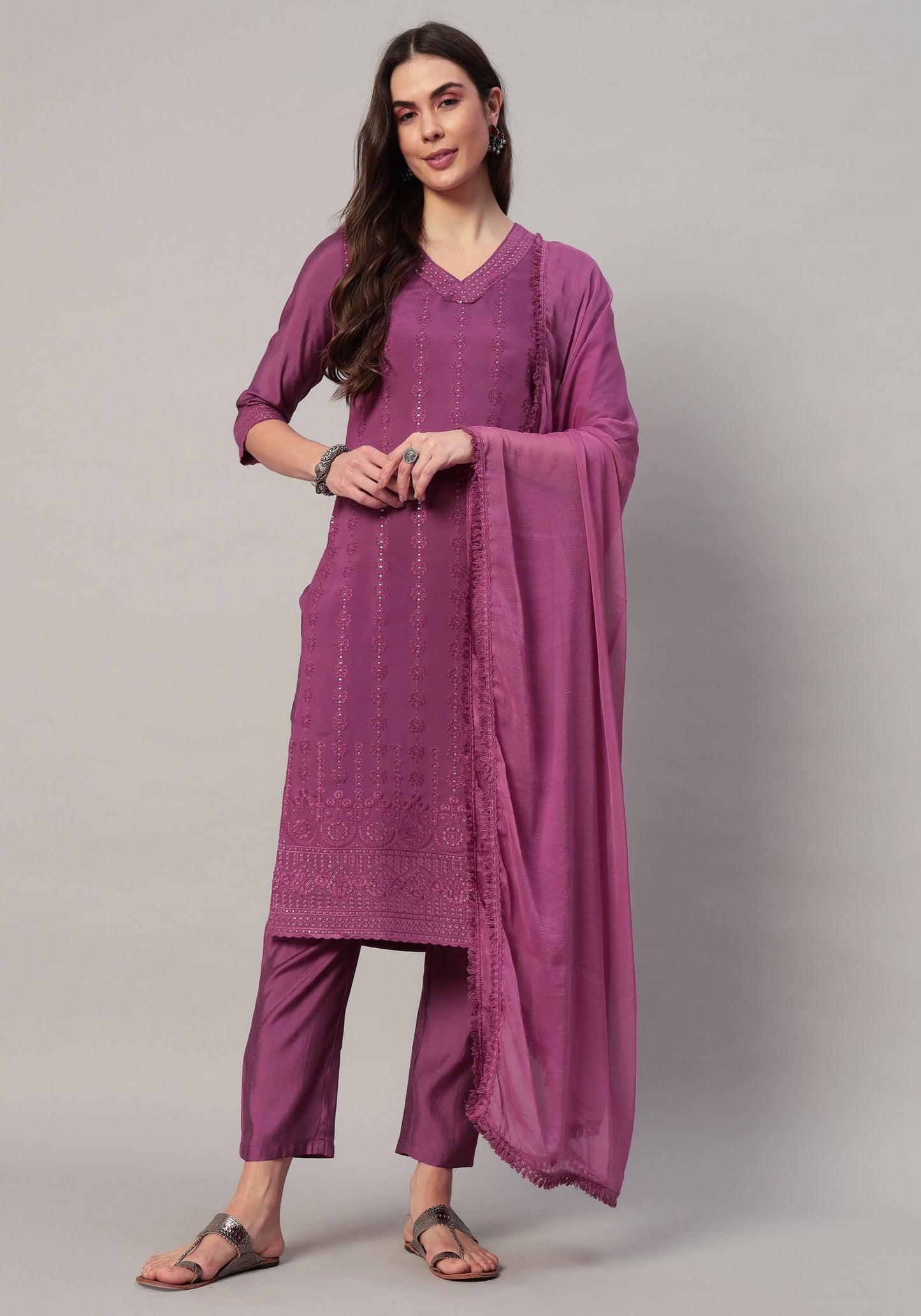 Women's Embroidered Silk Blend  Kurta Pyjama & Dupatta Set