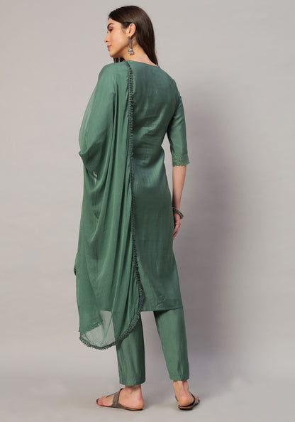 Women's Embroidered Silk Blend  Kurta Pyjama & Dupatta Set