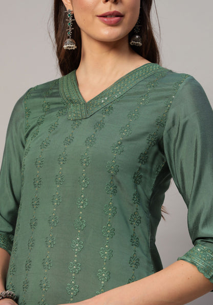 Women's Embroidered Silk Blend  Kurta Pyjama & Dupatta Set