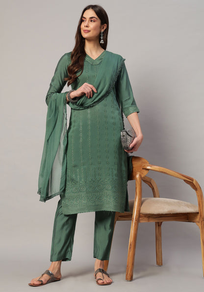 Women's Embroidered Silk Blend  Kurta Pyjama & Dupatta Set