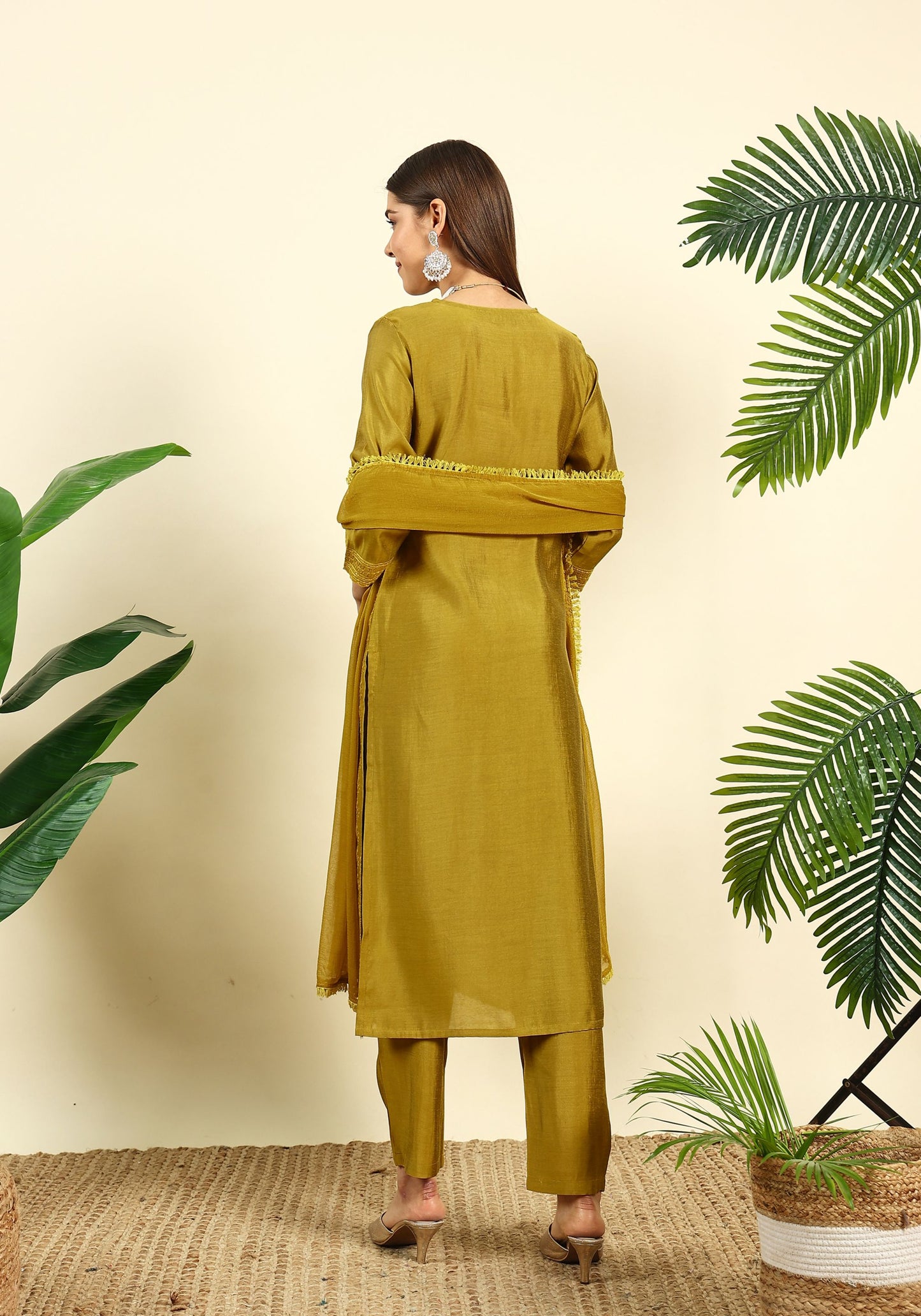 Women's Mustard Embroidered Silk Blend Kurta Pyjama & Dupatta Set