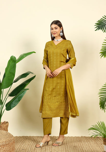Women's Mustard Embroidered Silk Blend Kurta Pyjama & Dupatta Set