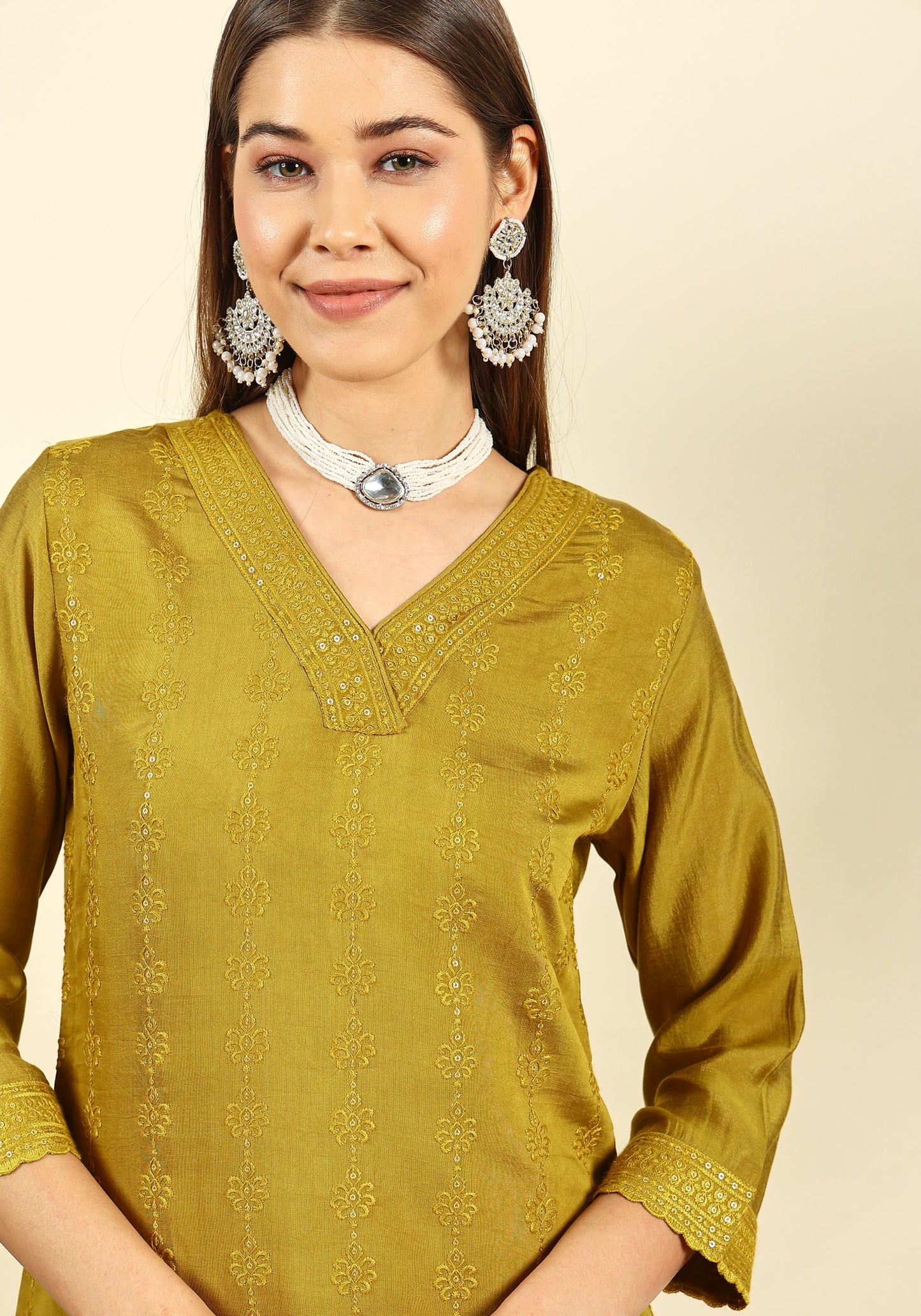 Women's Mustard Embroidered Silk Blend Kurta Pyjama & Dupatta Set