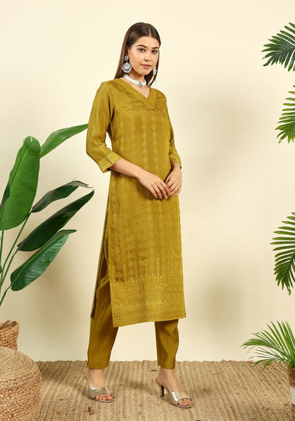 Women's Mustard Embroidered Silk Blend Kurta Pyjama & Dupatta Set