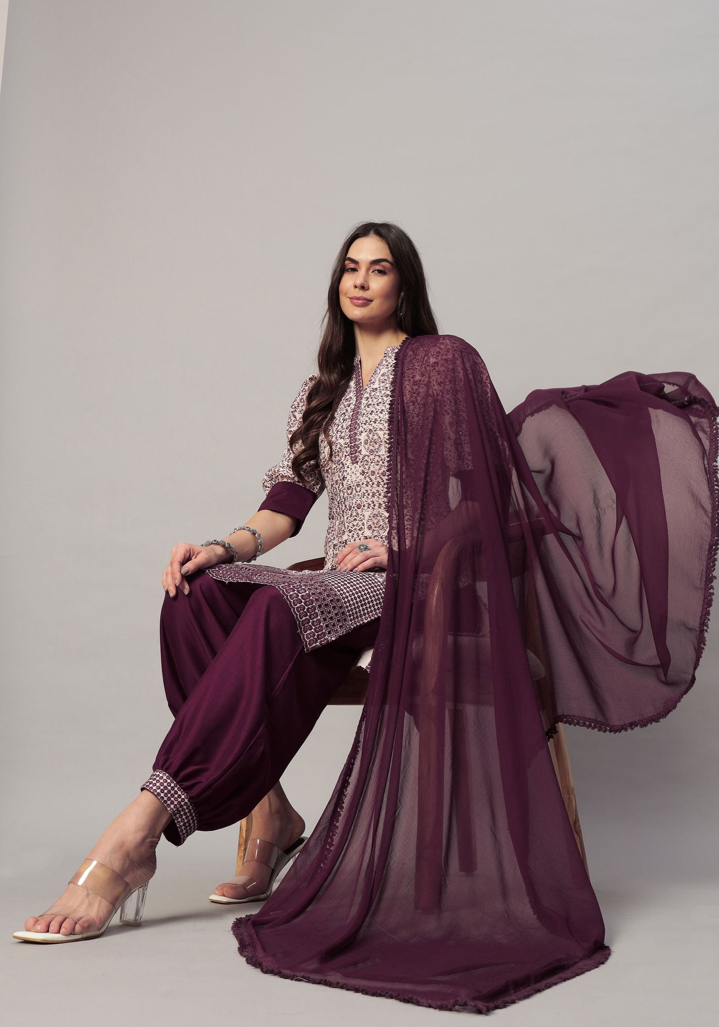 Women's  Embroidered Viscose  Kurta Dhoti Pant & Dupatta Set