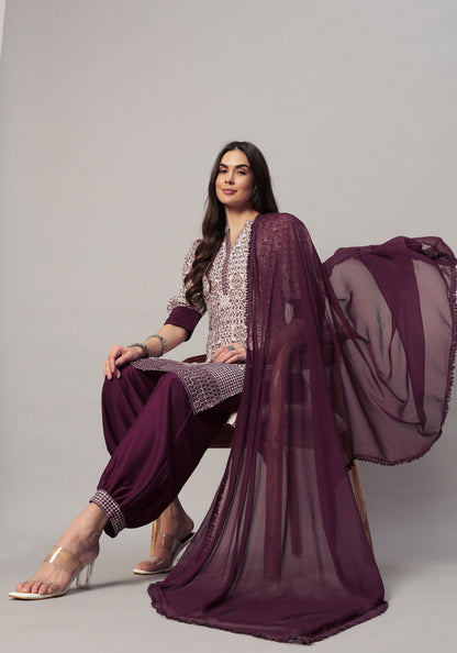 Women's  Embroidered Viscose  Kurta Dhoti Pant & Dupatta Set