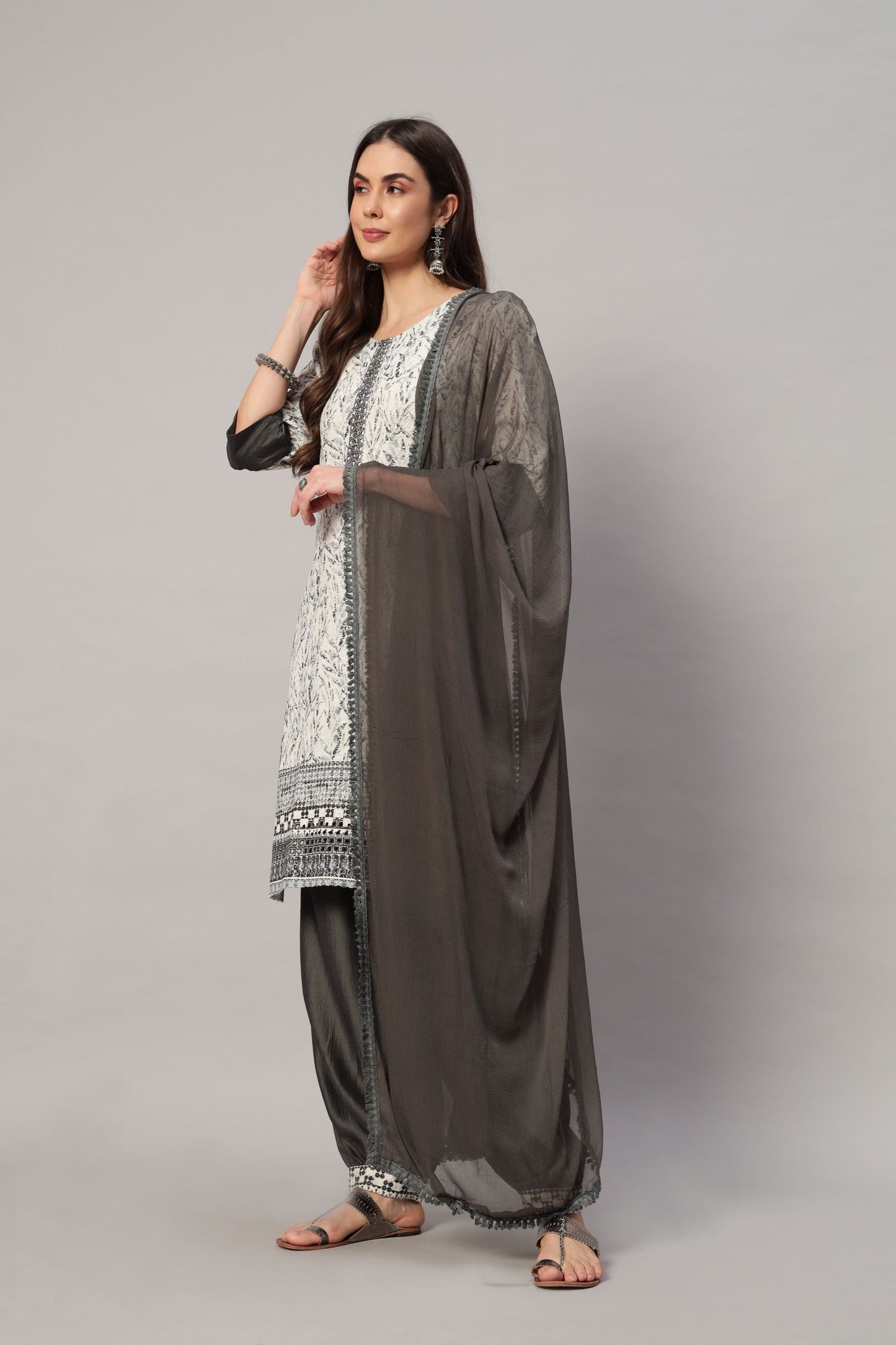 Women's  Embroidered Viscose  Kurta Dhoti Pant & Dupatta Set