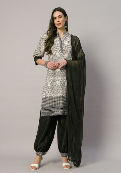 Women's  Olive Embroidered Viscose Kurta Dhoti Pant & Dupatta Set
