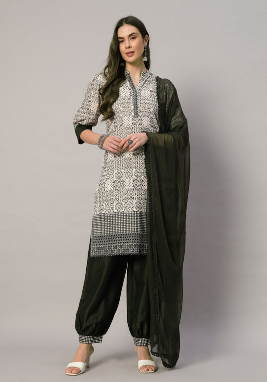 Women's  Olive Embroidered Viscose Kurta Dhoti Pant & Dupatta Set