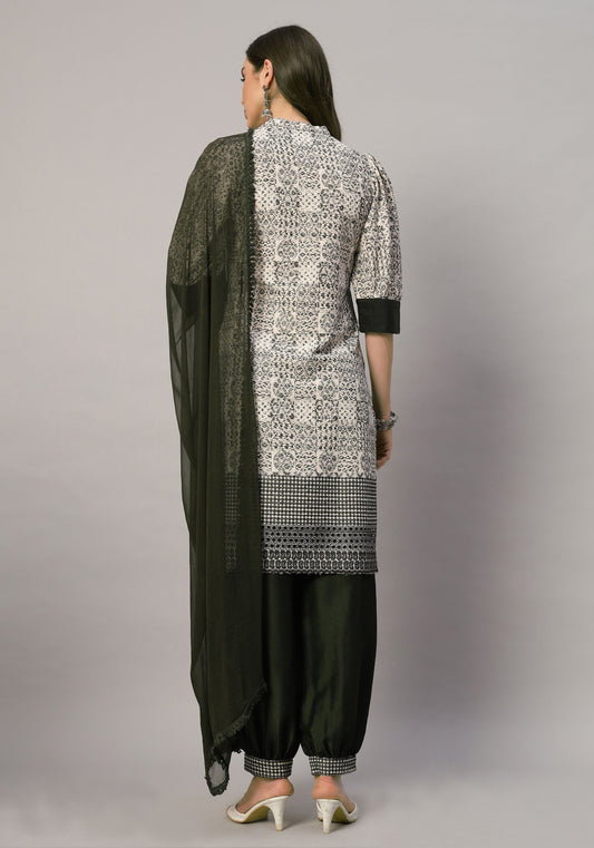 Women's  Olive Embroidered Viscose Kurta Dhoti Pant & Dupatta Set