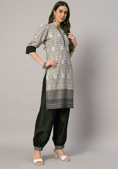Women's  Olive Embroidered Viscose Kurta Dhoti Pant & Dupatta Set