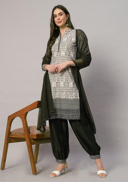 Women's  Olive Embroidered Viscose Kurta Dhoti Pant & Dupatta Set