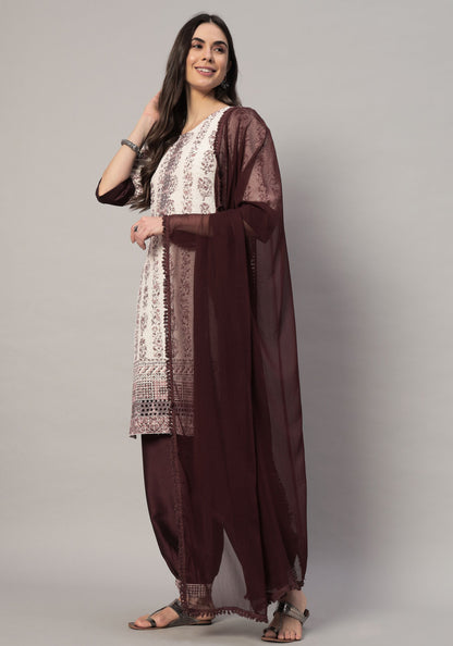 Women's  Olive Embroidered Viscose Kurta Dhoti Pant & Dupatta Set