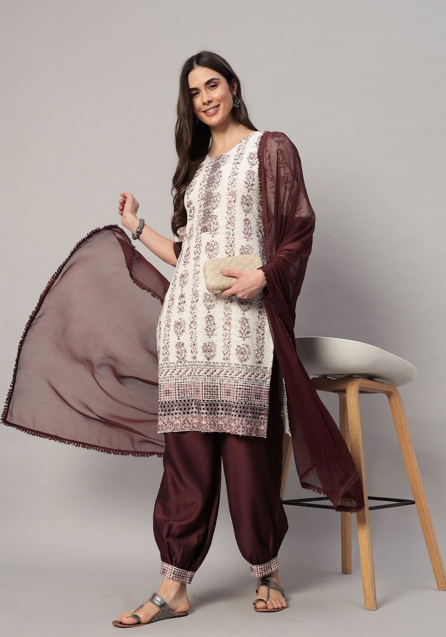 Women's  Embroidered Viscose  Kurta Dhoti Pant & Dupatta Set
