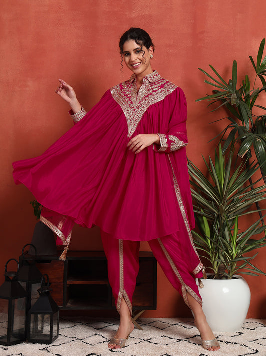 Women's Embroidered Silk Blend Kurta, Dhoti Pant & Dupatta Set