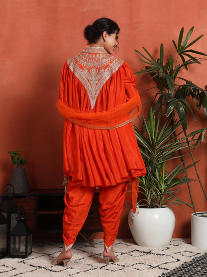 Women's Embroidered Silk Blend Kurta, Dhoti Pant & Dupatta Set