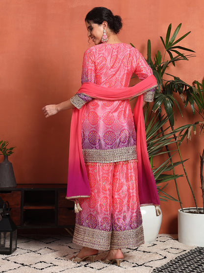 Women's Bandhani Silk Blend Kurta and Palazzo Set