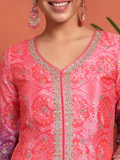 Women's Bandhani Silk Blend Kurta and Palazzo Set