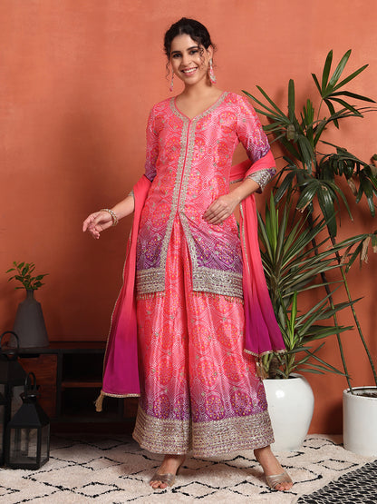 Women's Bandhani Silk Blend Kurta and Palazzo Set