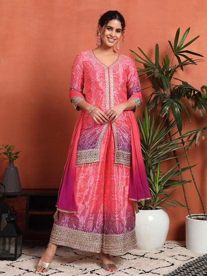 Women's Bandhani Silk Blend Kurta and Palazzo Set