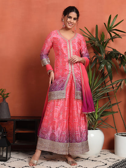 Women's Bandhani Silk Blend Kurta and Palazzo Set