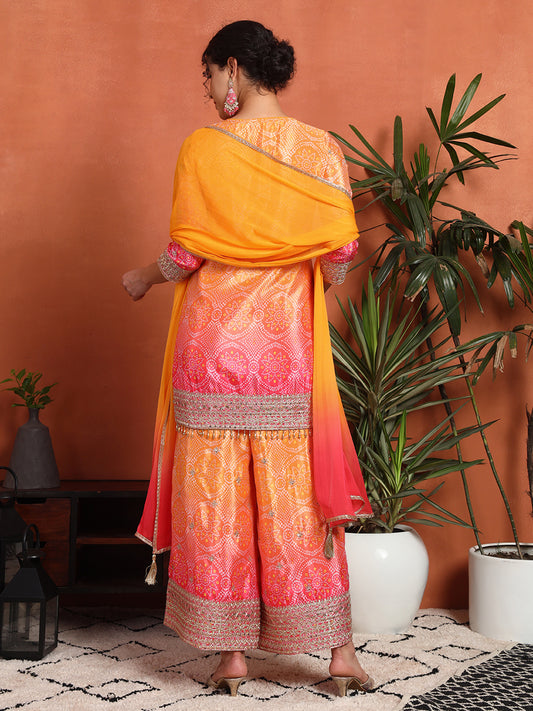 Women's Bandhani Silk Blend Kurta and Palazzo Set