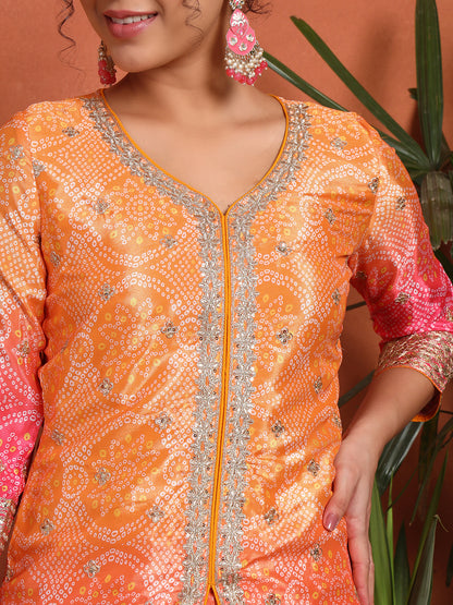 Women's Bandhani Silk Blend Kurta and Palazzo Set