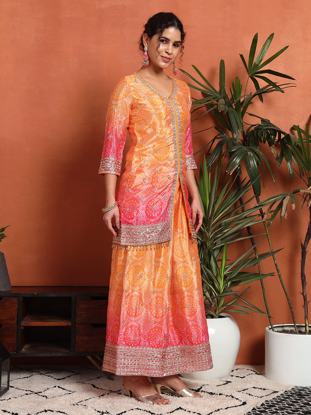 Women's Bandhani Silk Blend Kurta and Palazzo Set