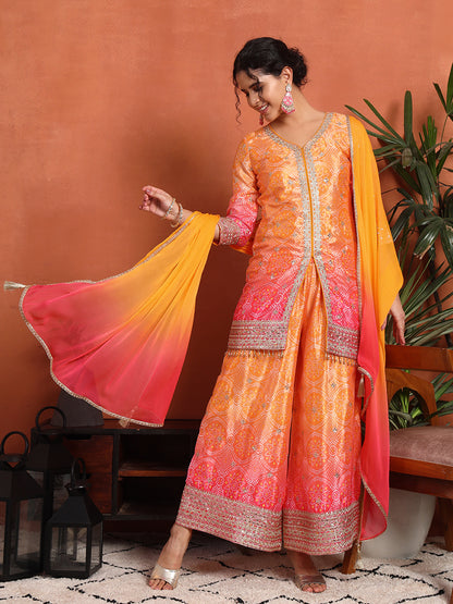 Women's Bandhani Silk Blend Kurta and Palazzo Set