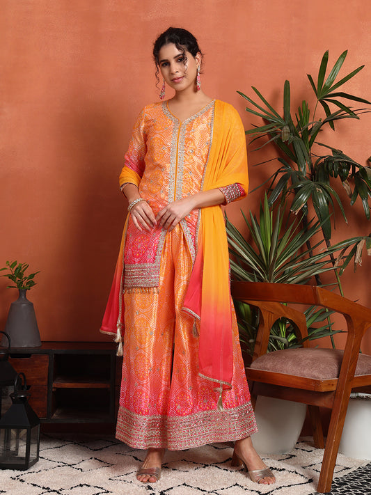 Women's Bandhani Silk Blend Kurta and Palazzo Set