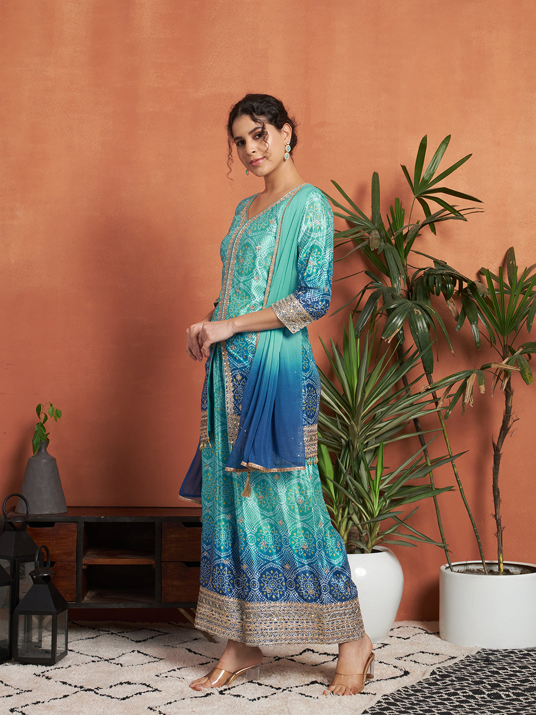 Women's Bandhani Silk Blend Kurta and Palazzo Set