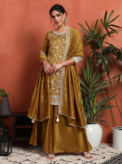 Women's Embroidered Silk Blend Kurta and Palazzo Set