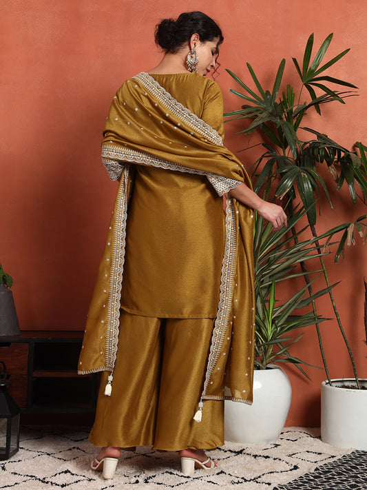 Women's Embroidered Silk Blend Kurta and Palazzo Set