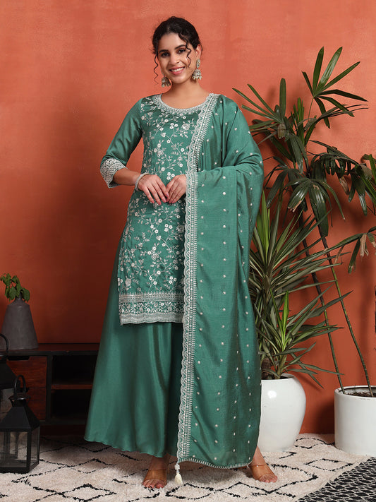 Women's Embroidered Silk Blend Kurta and Palazzo Set